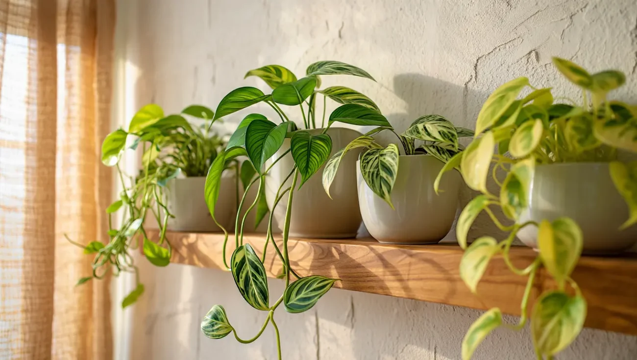 پتوس آویزان از قفسه چوبی