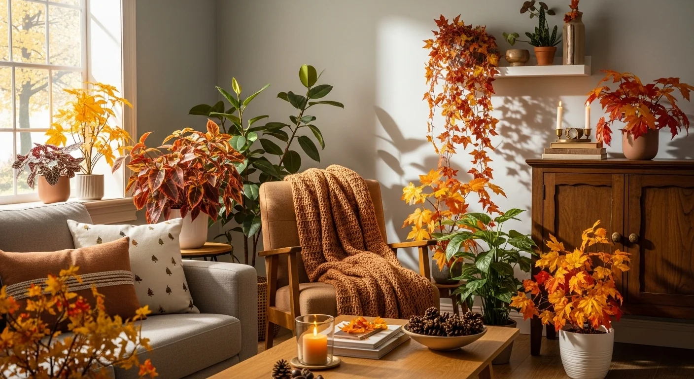 برگ‌های رنگارنگ پاییزی روی گیاهان آپارتمانی در خانه